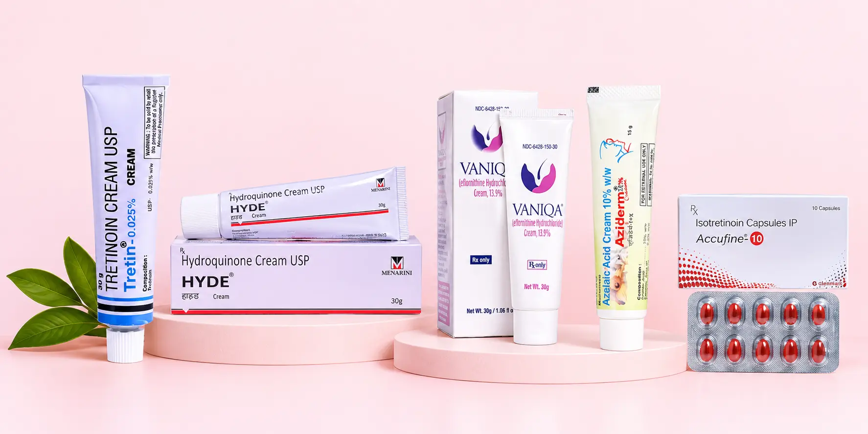 Tretinoin, Hydroquinone, Vaniqa, Azelaic Acid cream and Isotretinoin capsules skincare products